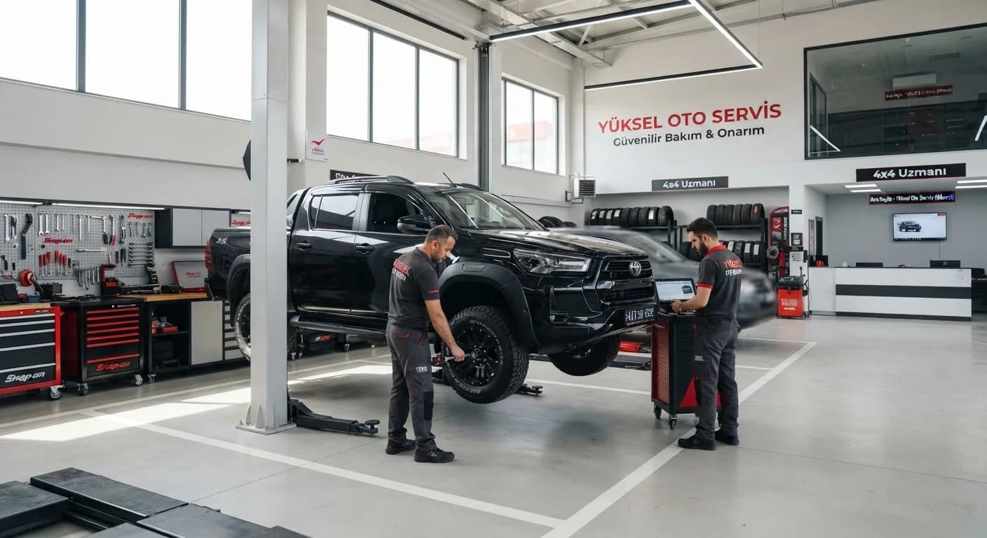Çift kabin pickup üzerinde çalışan servis ekibi