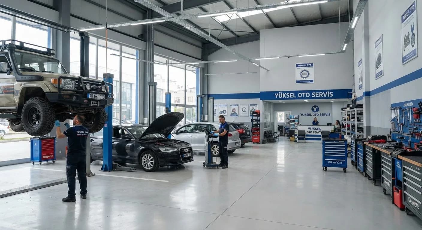 Lift üzerinde araçların bulunduğu servis atölyesi